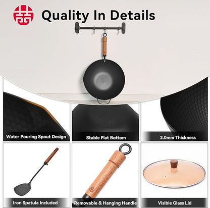 WANGYUANJI Carbon Steel Wok with Lid, 12.6" Hammered Stir Fry Pan with Helper Handle & Iron Spatula, Thickened Heavy Duty Flat Bottom Wok for Induction, Electric & Gas Stoves, Metal Utensil Safe
