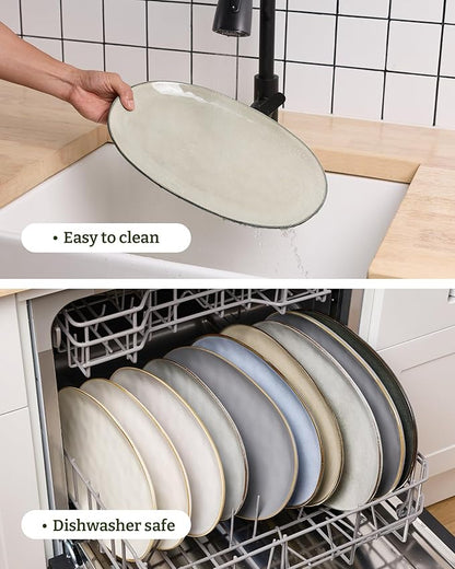 famiware Serving Platter, Oval 15.59/14.3/12.9 inch Serving Dishes for Entertaining, Serving Bowls, Dishwasher Safe, Stonware Serving Trays for Party, Turkey, Cheese, Reactive Glaze, Light khaki