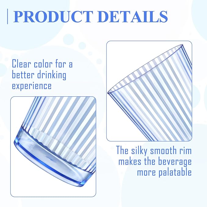 48 PCS Plastic Ribbed Drinking Glasses 10oz Blue Vintage Ripple Stemless Wine - Image 3