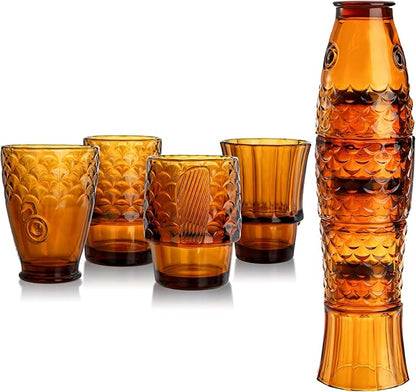 Frcctre Set of 4 Koi Fish Design Drinking Glasses, Stackable Amber Tumbler by Frcctre