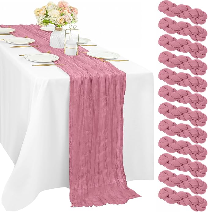 12 Pieces Dusty Rose Cheesecloth Table Runner 10FT Pink Runner by Sunnyline