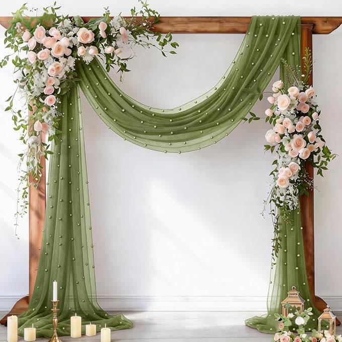 Pearl Table Runner Gauze Sheer 19FT Wedding Draping Fabric Decor | Olive Green by Socomi