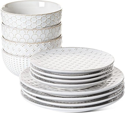 LE TAUCI Dinnerware Sets 12 PCS, Ceramic Plates and Bowls Set, Suit For Housewarming (10" Dinner Plate + 8" Salad Dish + 26 oz Cereal Bowl) x 4, Oven safe - Arctic White
