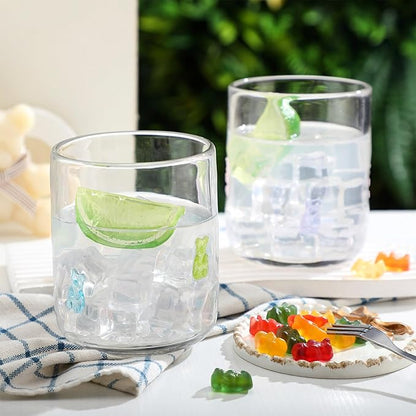 Icon Juice Glasses, 14oz Stemless Wine Drinking Juice Glass Cup for Valentine Party Supplies Gift(2 Pcs,Candy Bear)