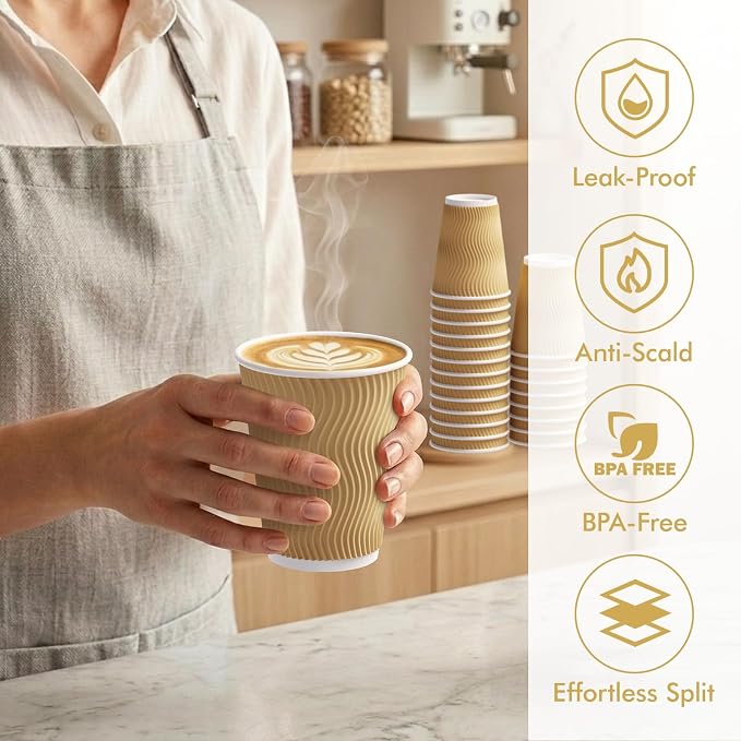 80 Count 12 oz Coffee Cups, Insulated Ripple Wall Paper Hot Cups, Leak-Proof - Image 4