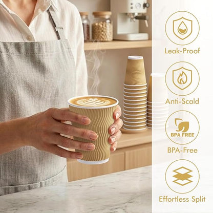 80 Count 12 oz Coffee Cups, Insulated Ripple Wall Paper Hot Cups, Leak-Proof - Image 4
