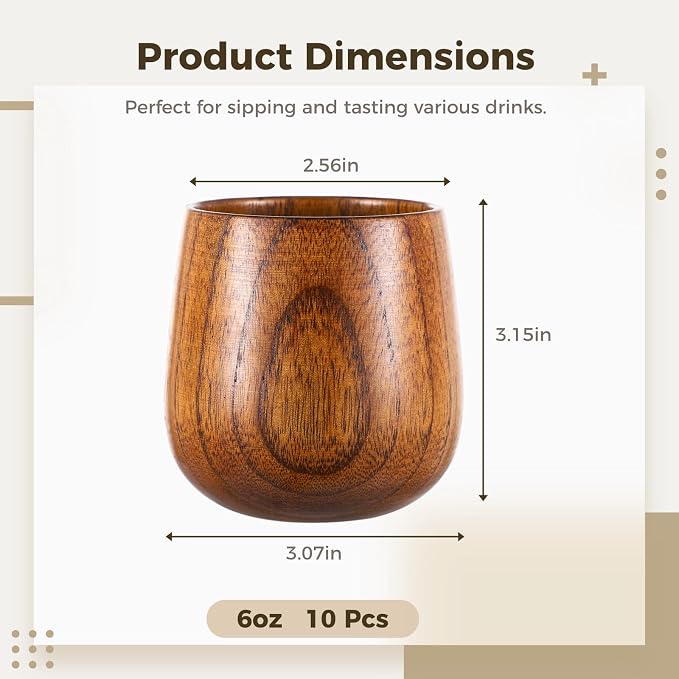 10 Pcs Wooden Tea Cups Top Grade Natural Solid Wood Tea Cup, Natural Solid Wood - Image 4