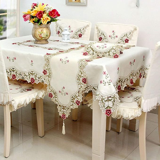 LeLehome 15 Inch X 104 Inch Classic Table Runner Flowers Embroidered Lace Beige - Image 4