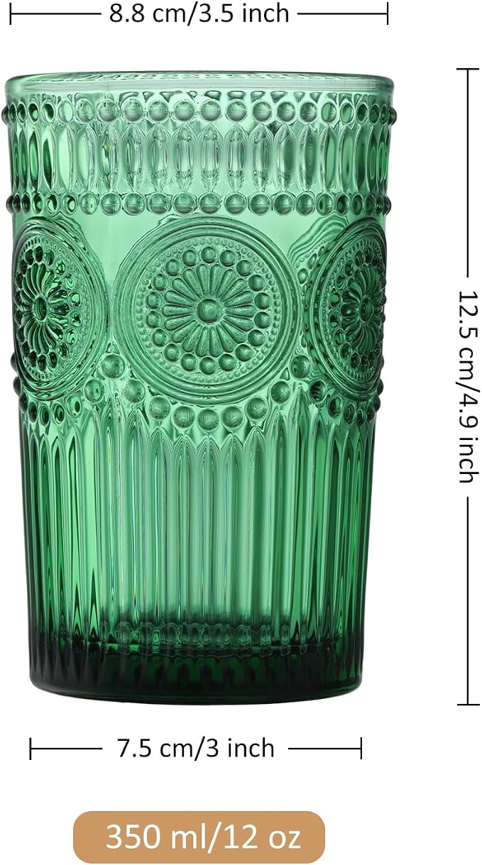 Joeyan Green Vintage Drinking Glasses, Embossed Ribbed Water Glass Cups - Image 7