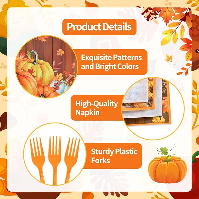 96 Pieces Thanksgiving Pumpkin Tableware Set Party Supplies - Image 3