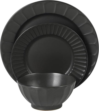 Gibson Elite Winchester Way 12-Piece Embossed Stoneware Dinnerware Set – Reactive Matte Glaze, Durable Lightweight-Tech Plates & Bowls, Everyday Dish Set, Microwave & Dishwasher Safe – Black