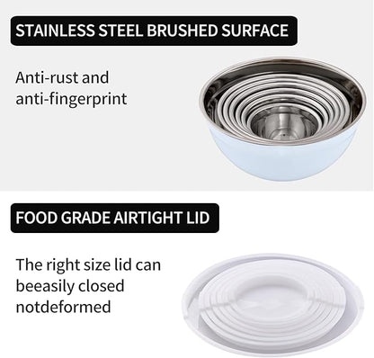 White Mixing Bowls with Lids Set of 7, Stainless Steel Nesting Bowl with Khaki Lid for Non-slip Mixing Prepping Storing Serving, 7 Sizes-7/3.6/2.7/2.1/1.5/1/0.8 QT