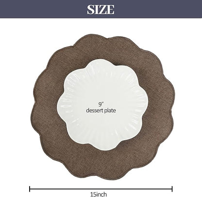 AHHFSMEI Round Faux Linen Placemats Set of 6 Waterproof Table Mats Heat Resistant Non-Slip and Stain Proof for Kitchen Dining Elegant Decor (Brown,6)
