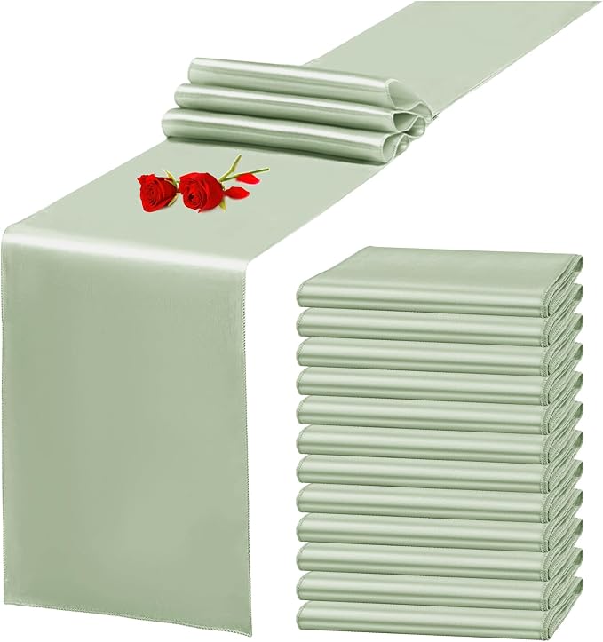 12 Pack Sage Green Satin Table Runner 12 x 108 Inch Long Premium Table Runners by YMHPRIDE