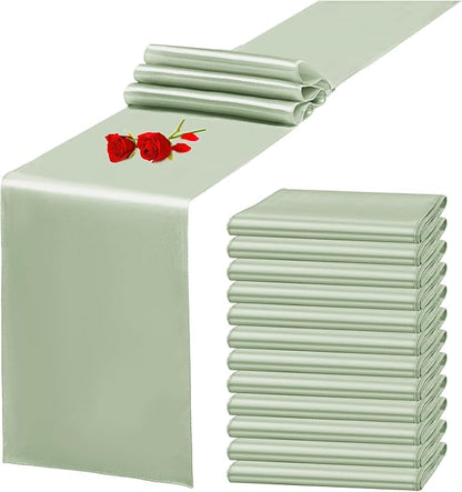 12 Pack Sage Green Satin Table Runner 12 x 108 Inch Long Premium Table Runners by YMHPRIDE
