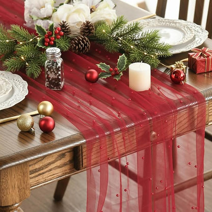 Artoid Mode Pearl Red Gauze Table Runner 59x120 Inch , Seasonal Sheer Kitchen Dining Holiday Wedding Birthday Baby Shower Table Decor for Home Party