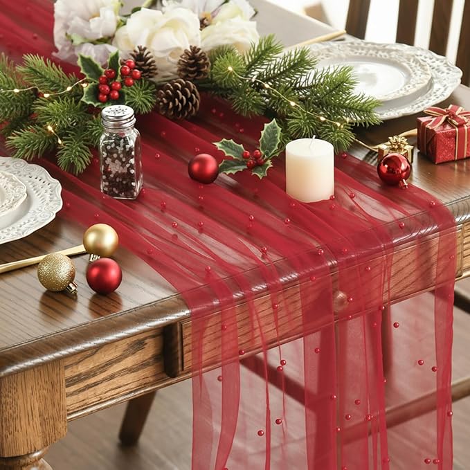 Artoid Mode Pearl Red Gauze Table Runner 120 Inch 10FT, Seasonal Sheer Dining Holiday Wedding Birthday Baby Shower Table Decor for Home Party