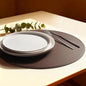 Round Vinyl Brown Placemats Set of 6, Faux Leather Waterproof Wipeable Heat Resistant Place Mats, Washable Table Mats for Halloween, Thanksgiving & Christmas Dinner(Dark Brown)