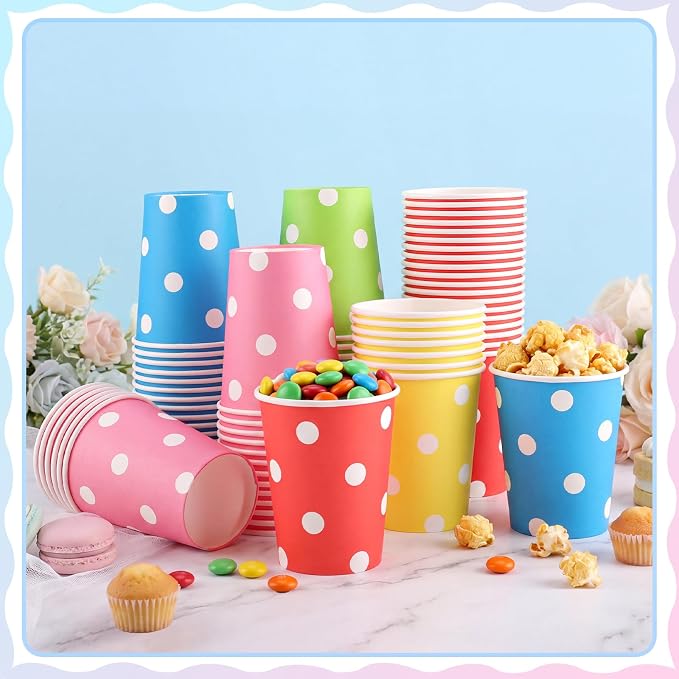 NatNarr 100 Pack Rainbow Polka Dots Paper Cups, 9oz Colored Party Cup | - Image 3