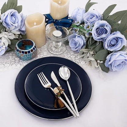 I00000 150Pcs Blue Plastic Plates,Hanukkah Plastic Plates,Navy Blue Disposable Plates with Silverware include 30 Dinner Plates10.25,30 Dessert Plates10.25,90 Silver Silverware Set for Party