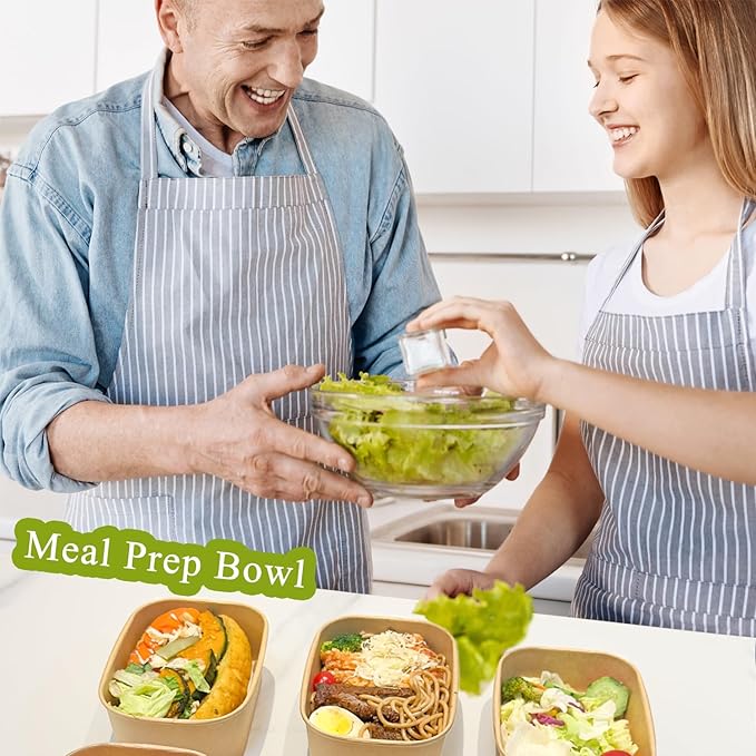 MINCOCO 50 Count Paper Bowls Disposable Meal Prep Containers with Lids【Includes 50 Wooden Forks + 100 Labels】 Salad Food Containers Freezer & Microwave Safe Leakproof Soup Bowls (29 Ounce, 50-Count)