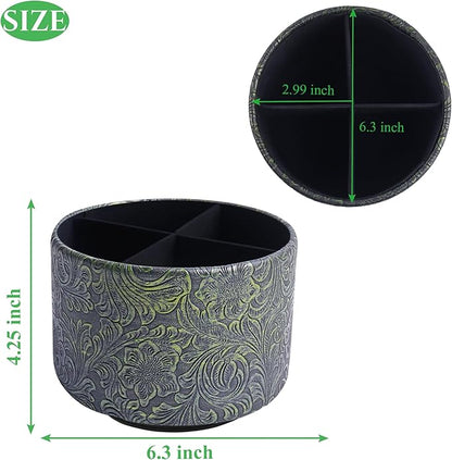 lizimandu Round Leather Art Supply Organizer,Remote Control Holder,360 Degree Spinning,Multi-Functional Pencil Holder,4 Compartments Desktop Stationary Organizer(1-Carved Metal Green2)