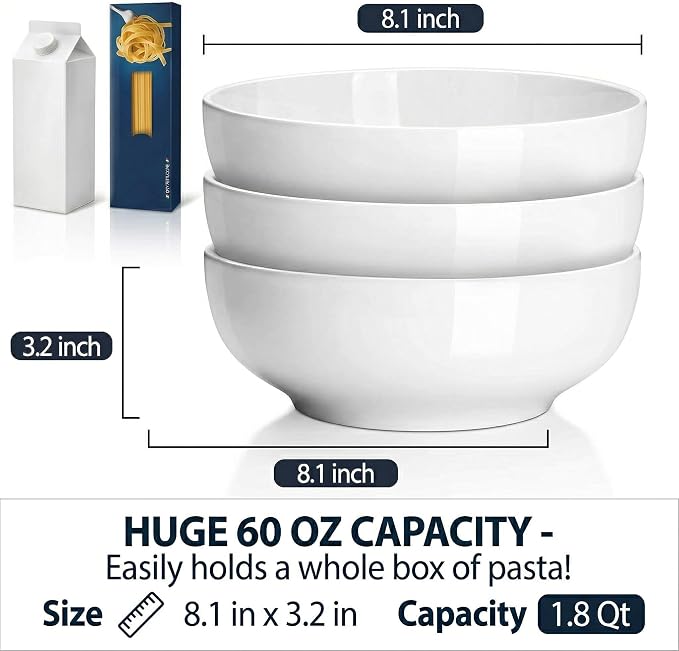 DELLING 60 Oz Large Serving Bowls Set of 3, 8 Inch White Ceramic Mixing Bowls - Image 2