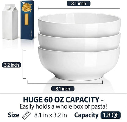 DELLING 60 Oz Large Serving Bowls Set of 3, 8 Inch White Ceramic Mixing Bowls - Image 2