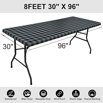 Smiry Rectangle Picnic Table Cloth, Elastic Waterproof Fitted Vinyl Tablecloths, Flannel Backed Buffalo Plaid Table Covers for Dining, Camping, Outdoor (Black and Grey, 30" x 96")