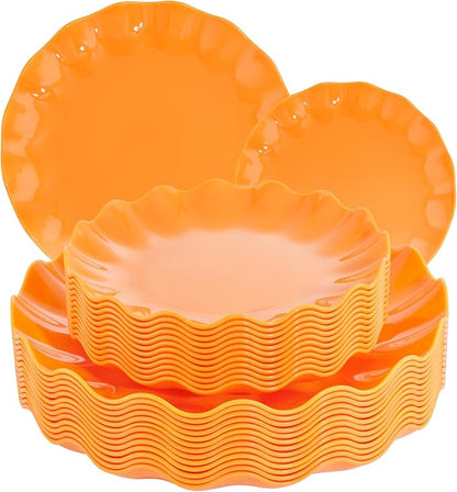 LIYH 24 Pcs Orange Plastic Plates Reusable Orange Plates Scalloped Plastic Plate for Holiday Party Dishwasher Safe Sturdy Reusable (12 Guests) Suitable for Holiday Gatherings