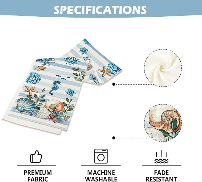 Summer Ocean Beach Shells Table Runner Watercolor Sea Turtle Burlap Table - Image 4