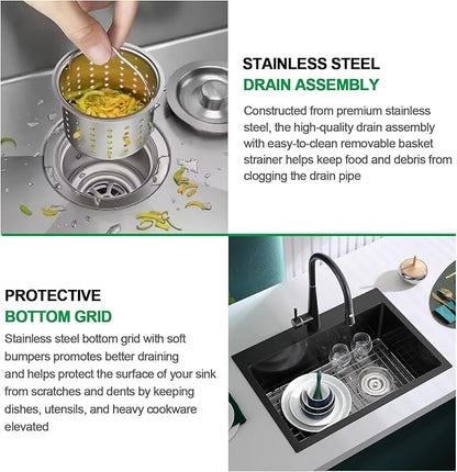 25x18x9 Inch Kitchen Sink, Handmade 304 Black Stainless Steel Single Bowl, Centre-Offset Drain, R10 Tight Corner, Drop in Kitchen Sink with Strainer & Bottom Grid