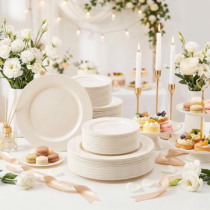 102 Pcs Ivory Plastic Plates, Disposable Party Plates Include 51 Ivory Dinner - Image 3