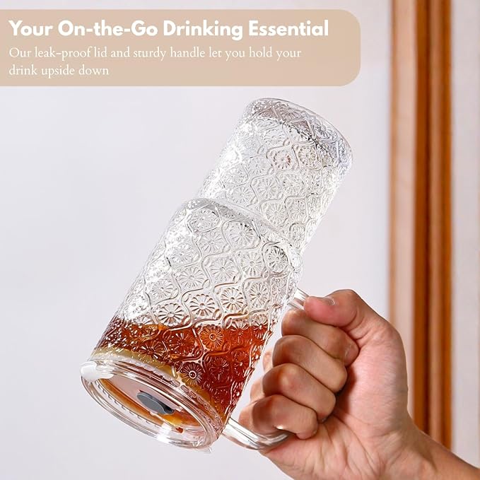 20 oz Glass Tumbler with Lid and Straw, Glass Iced Coffee Cups, Spill-proof - Image 4