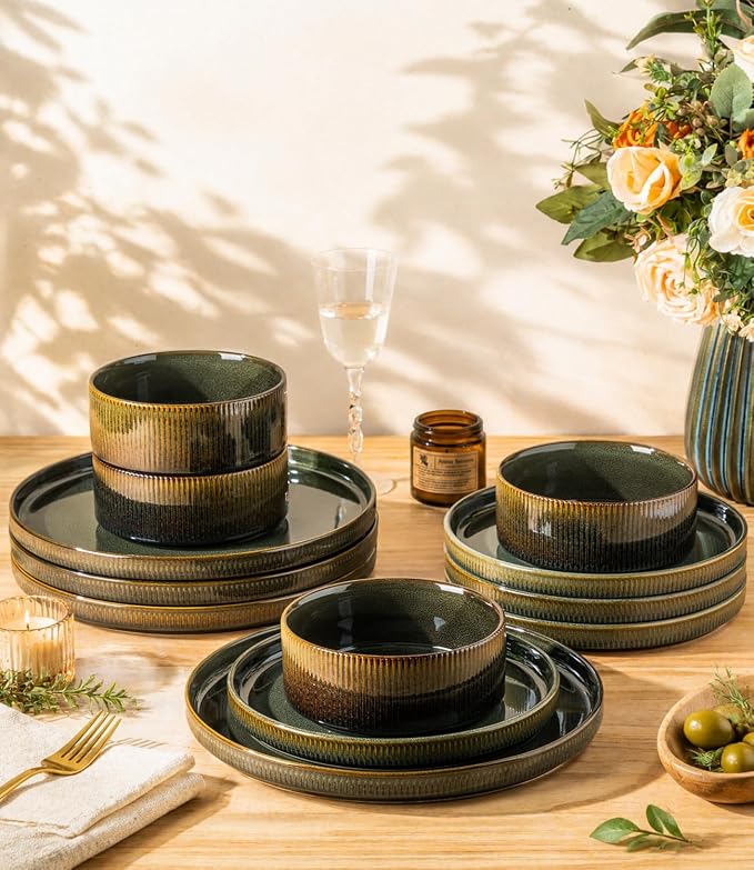 Ceramic Dinnerware Set for 4, 12-Piece Plates and Bowls Set | Lightweight - Image 4