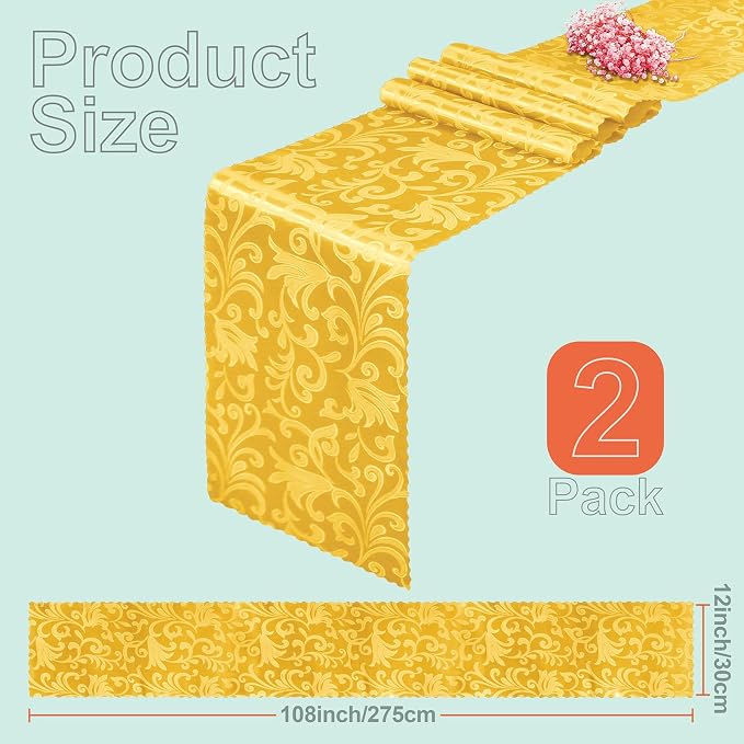 2 Pack Gold Damask Satin Table Runner 12 x 108 Inch | Bright Smooth Damask - Image 3