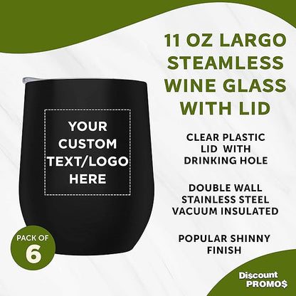 Custom Stemless Wine Glass Tumblers with Lids by Largo 11 oz. Set of 6, Personalized Bulk Pack - Perfect for Wine, Cocktails, Other Hot & Cold Beverages - Black