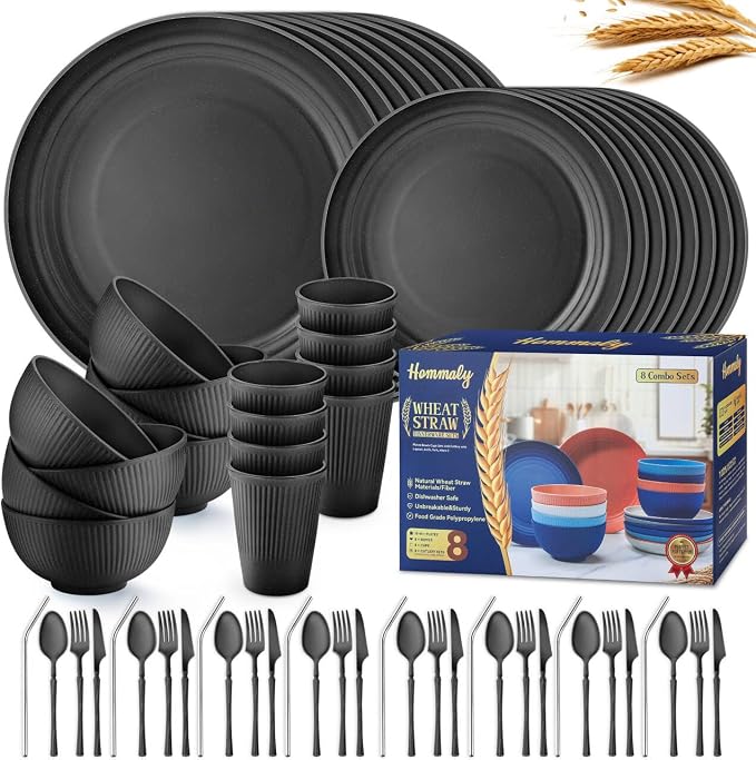 Wheat Straw Dinnerware Sets, 64-Piece Black Plates and Bowls Sets by HOMMALY