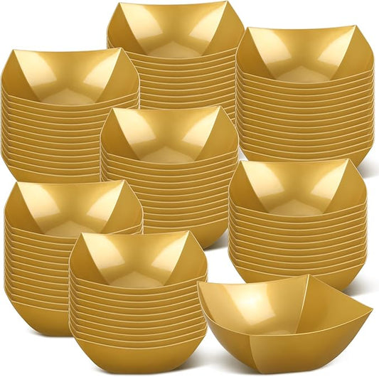 Sliner 100 Pcs Square Plastic Bowls Plastic Serving Bowls Disposable Chip Containers for Parties Snack Fruit Candy Containers for Candy Buffet Salad Bar Buffet Party Supplies(Gold,16 oz)