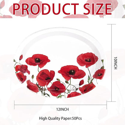 50Pcs Poppy Floral Oval Paper Plates 10" x 12" Large Disposable Heavy Duty Spring Poppies Dessert Platters Watercolor Red Flowers Dinner Plates for Seasonal Bridal Shower Tea Garden Party Supplies