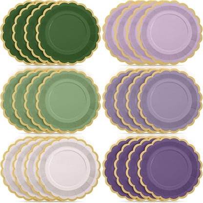 96 Pcs Sage Green Purple Paper Plates 9 Inch Lavender Scalloped Paper Disposable Dinner Dessert Plates for Birthday Wedding Bridal Party Supplies, 6 Colors