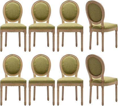 Vintage French Dining Chairs Set of 8, Round Back Upholstered Accent Chairs in Linen Fabric with Solid Wood Frame, Farmhouse Sillas de Comedor for Dining Room & Kitchen, Olive Green