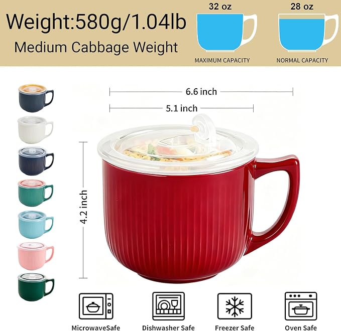 Ceramic Soup Bowl with Handle & Lid, 32oz Microwave Ramen Bowl Set of 2 | - Image 2