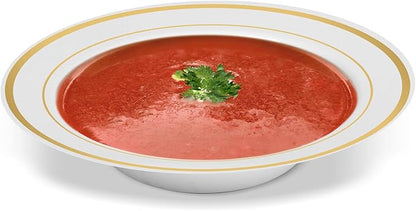 100 Disposable White Gold Trim Plastic Soup Bowls | 14 oz. Premium Heavy Duty Disposable Dinnerware with Real China Design | Safe & Reusable and Great for Parties or Weddings. (50-Pack) Gold