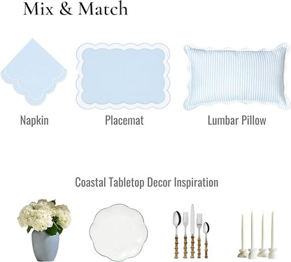 Hofdeco Premium Coastal Patio Indoor Outdoor Placemat Set of 4, 14"x19" Double-Layered, Waterproof Cloth Placemat for Kitchen or Dining Table. Baby Blue Embroidered Solid B