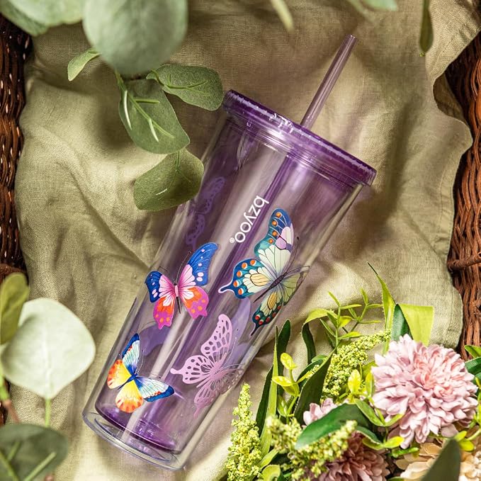 bzyoo 24oz Plastic Tumbler Cup, Lid & Straw, Iced Coffee, dishwasher safe - Image 8