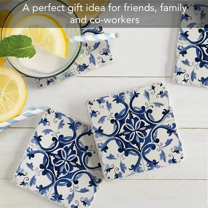 Thirstystone Blue & White Floral 4 Pack Tumbled Tile Stone Coasters | 4" Square - Image 7