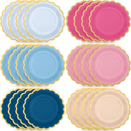 48 Pcs Pink Navy Blue Paper Plates 9 Inch Gradient Scalloped Paper Plates Disposable Dinner Dessert for Birthday Wedding Bridal Party Supplies, 6 Colors