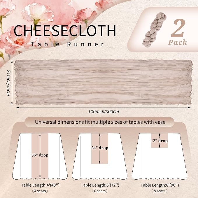 Showgeous 2 Pack Rosy Brown Cheesecloth Table Runners Boho Wedding Decor | - Image 2