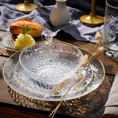 R-kay 100 Pack Clear Plastic Plates - 6.25 IN Hammered Gold Rimmed Sturdy, Durable And Extra Heavy duty Gold Plastic Dessert Plates Disposable - Ideal For Appetizer And And For Desserts.